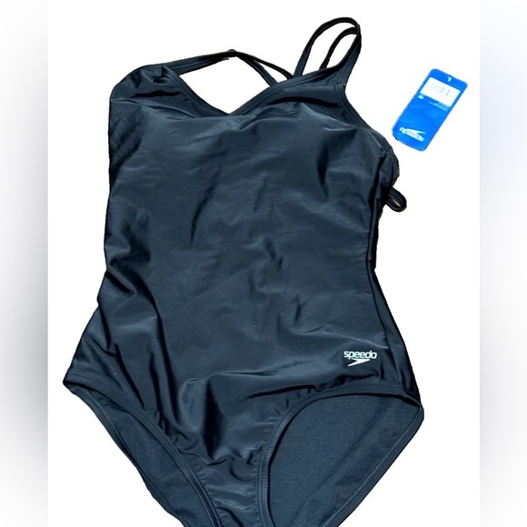 New Speedo One Piece Swimsuit Solid Black Double Strap Criss Cross Swimwear Sz L - Picture 3 of 13